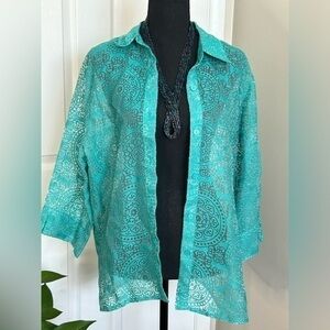 🌸Alfred Dunner Aqua Green Button Sheer Coverup Blouse Floral Embossed 14 Large